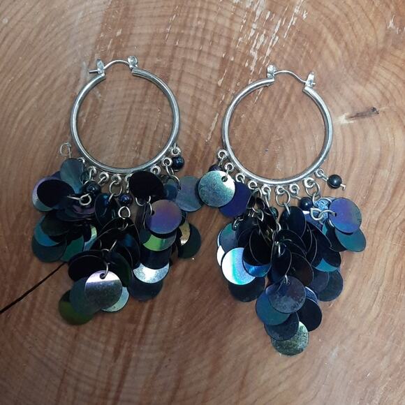 Long Silver Tone Hoop Earrings‎ with Round Black Reflective Disc Accents - Picture 1 of 4